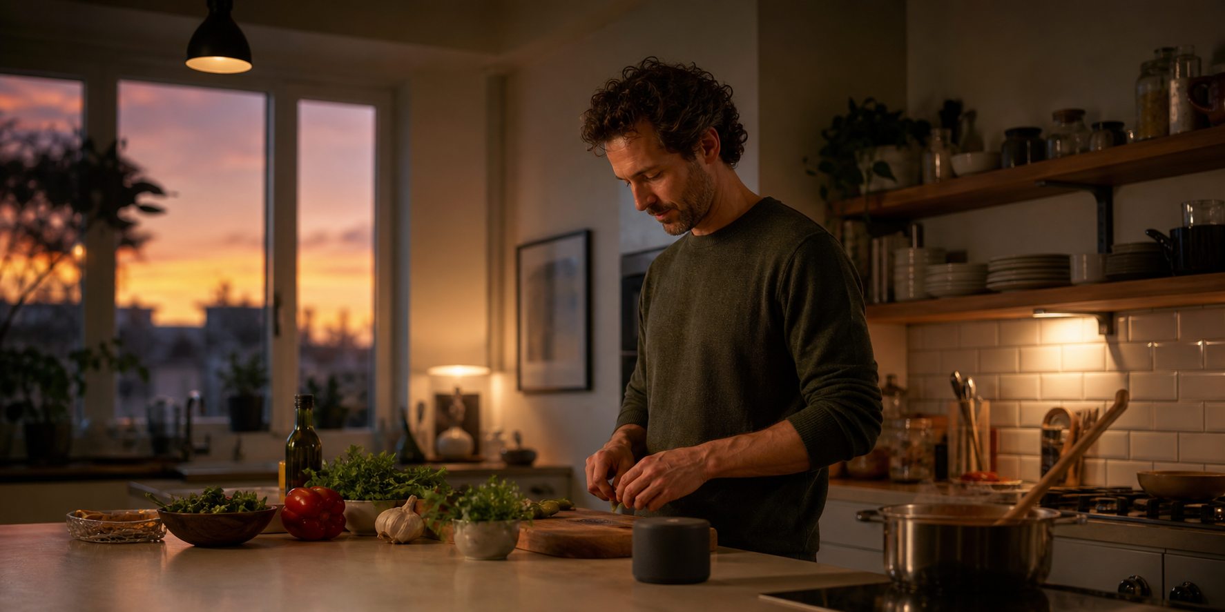 Adult Man Cooking in Kitchen at Dusk