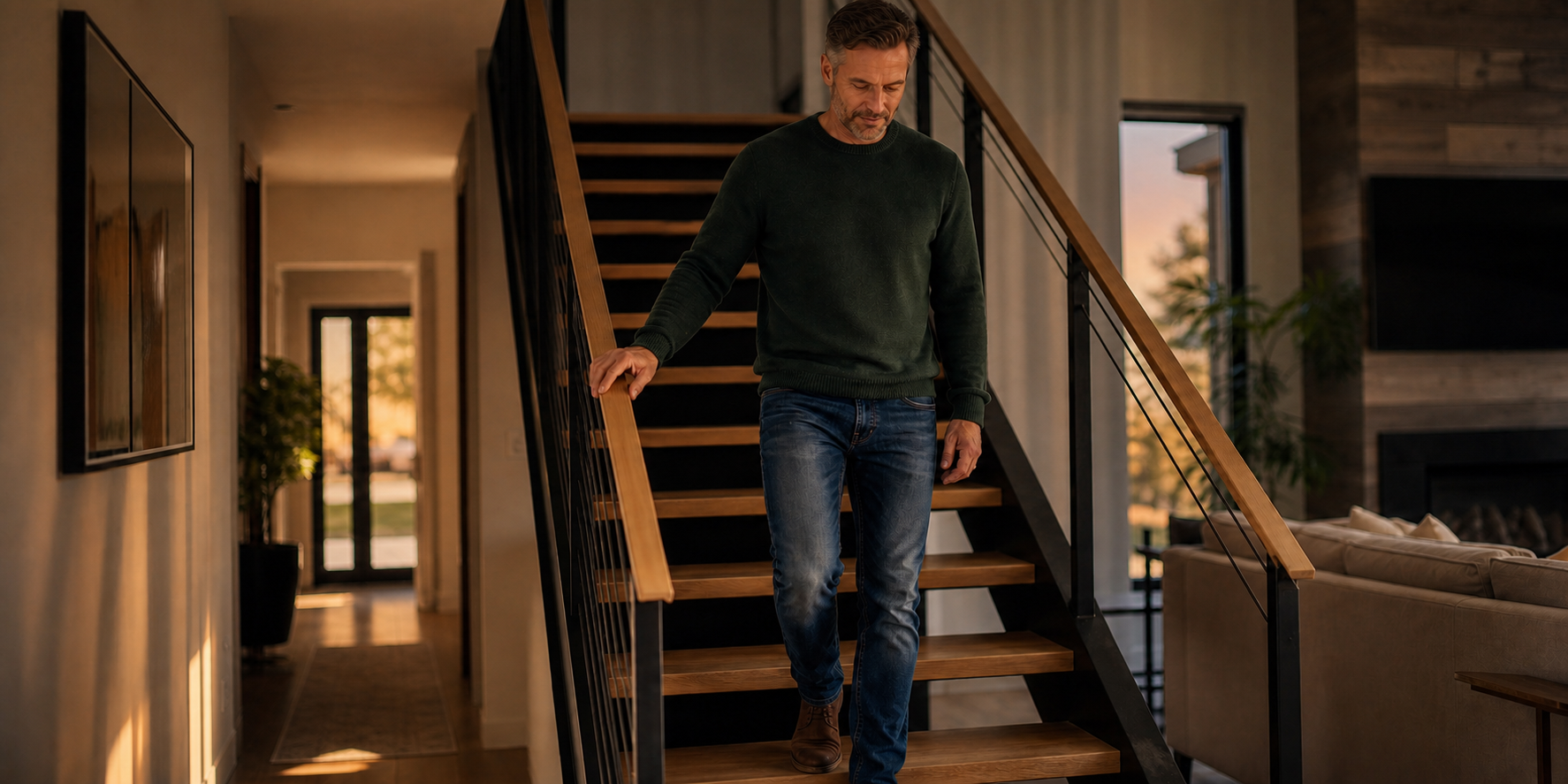 Adult Man Descending Modern Staircase at Dusk