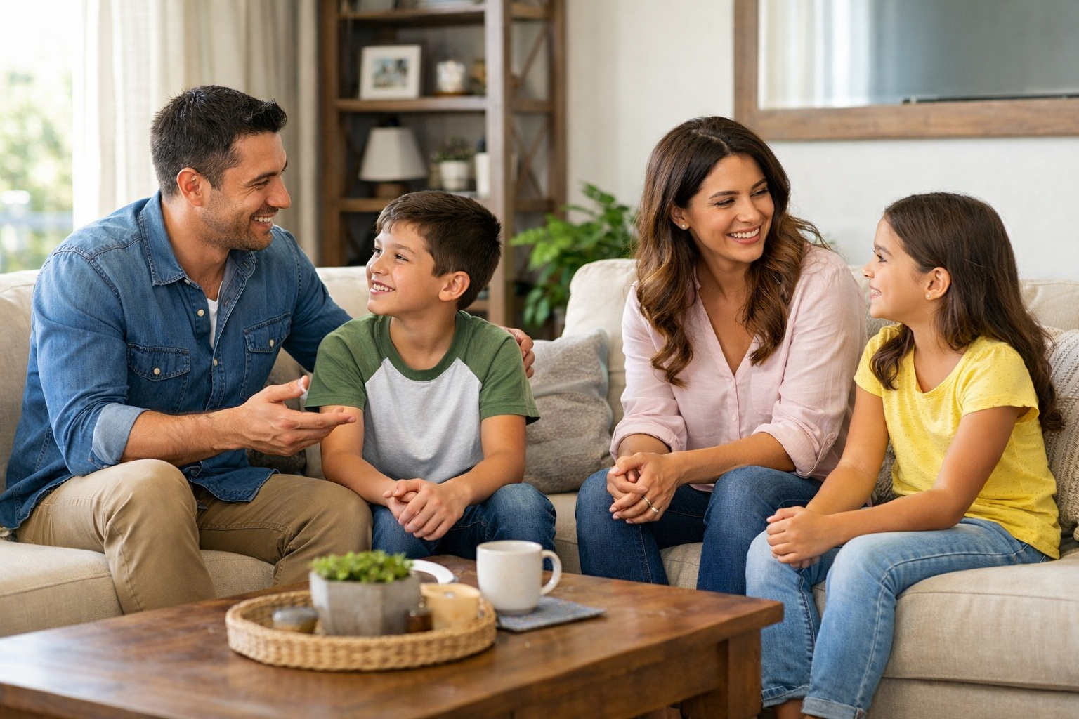 Familia con nios sentada en la sala de su casa platicando