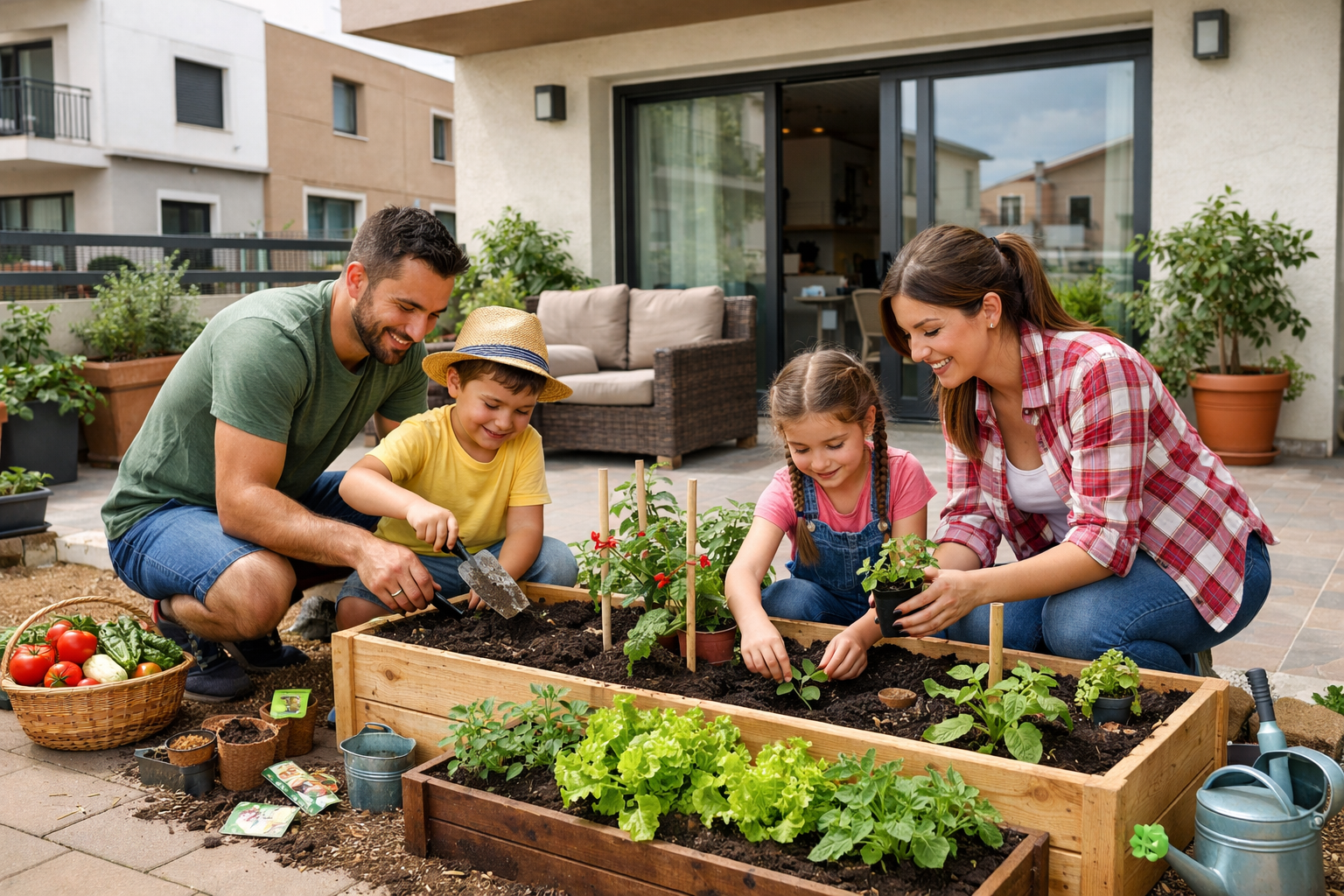 Familia haciendo un huerto pequeo en la terraza en la planta baja de su casa en un desarrollo residencial