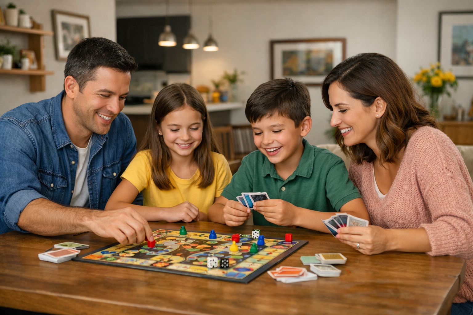 Familia jugando un juego de mesa en el comedor de su casa