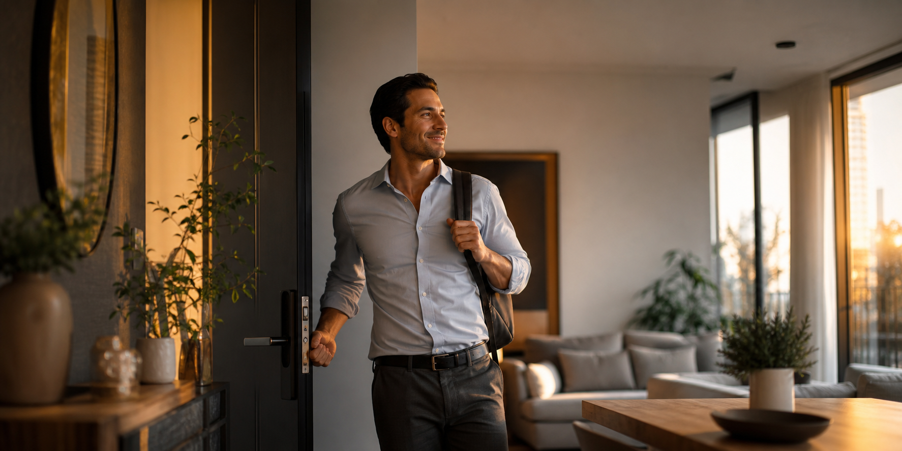 Hombre llegando a casa después de un día de trabajo, entrando a un hogar moderno y acogedor al atardecer.