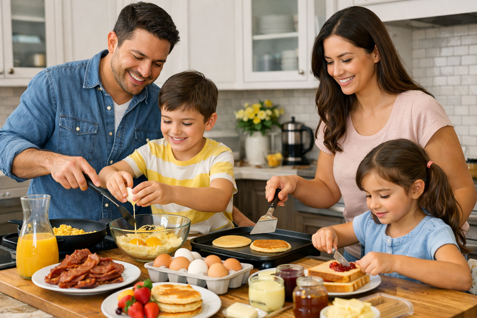 familia en la cocina haciendo el desayuno