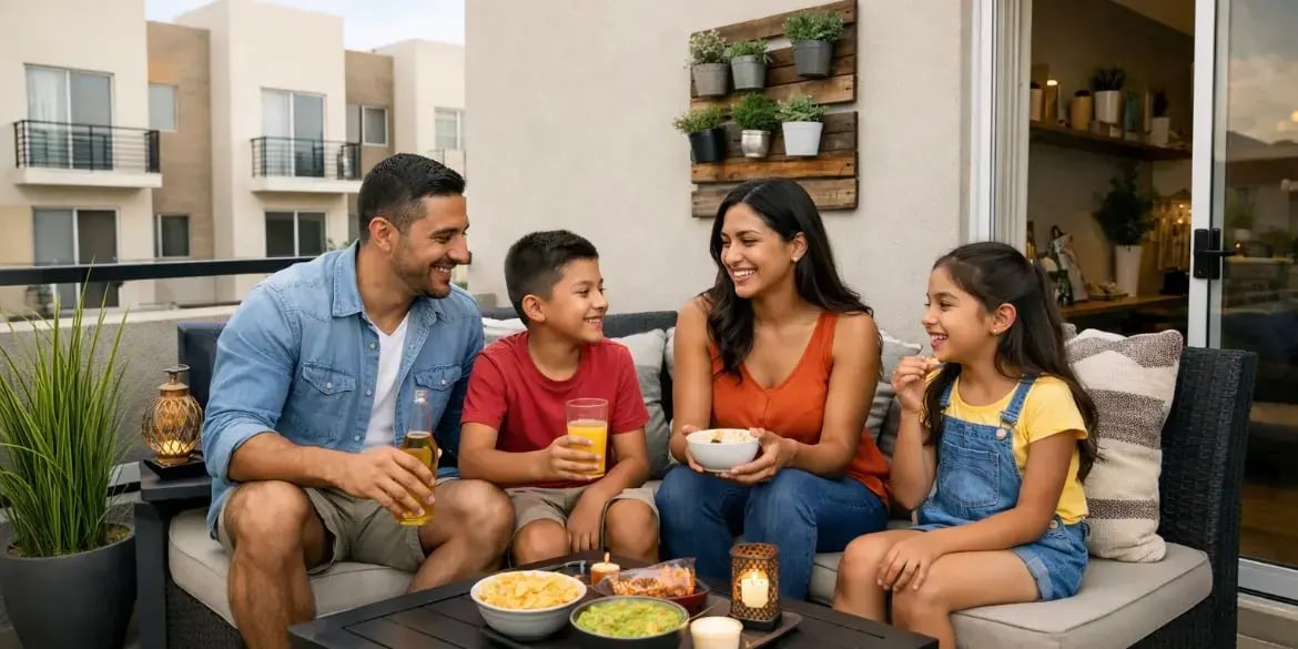 Familia reunida en una terraza pequea y moderna de su casa de un desarrollo inmobiliario